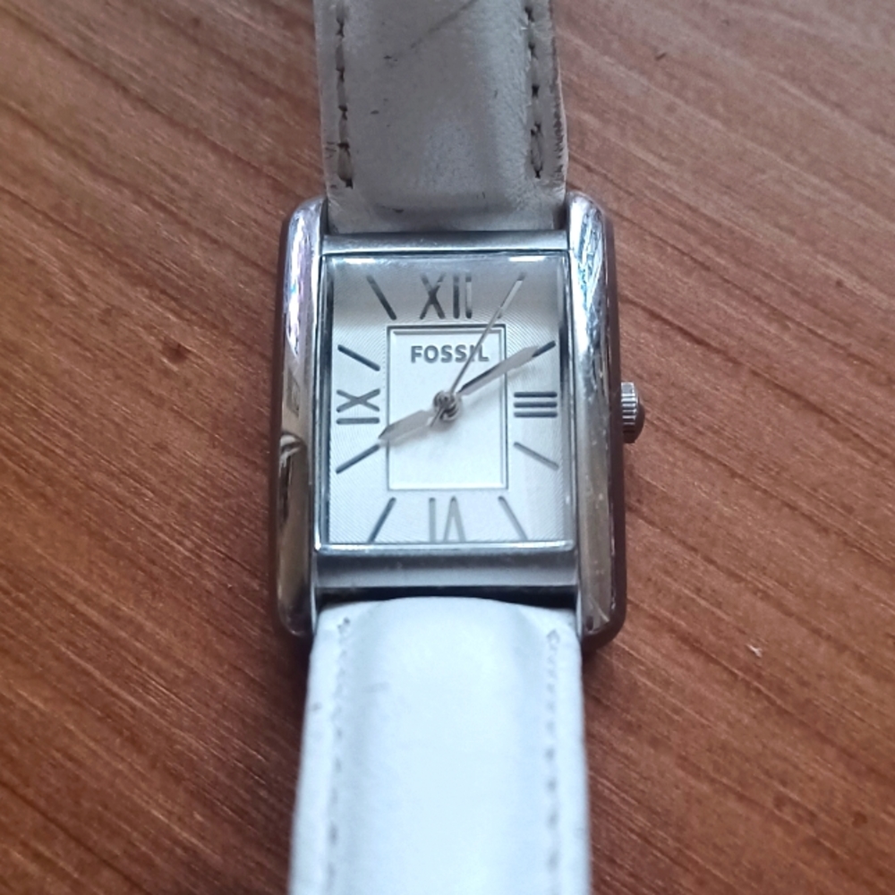 Fossil watch with white leather band